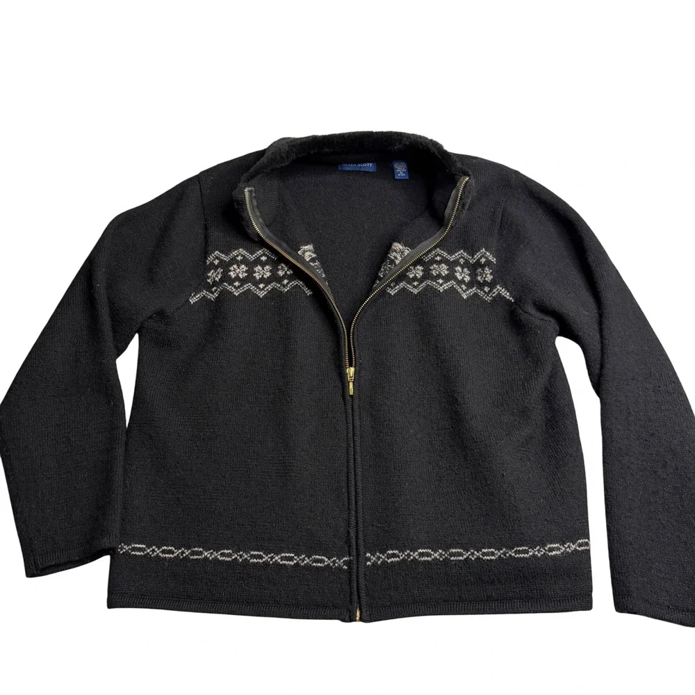VTG‎ Karen Scott Wool Zip Sweater Jacket Faux Fur Collar Fair Isle Nordic XL
